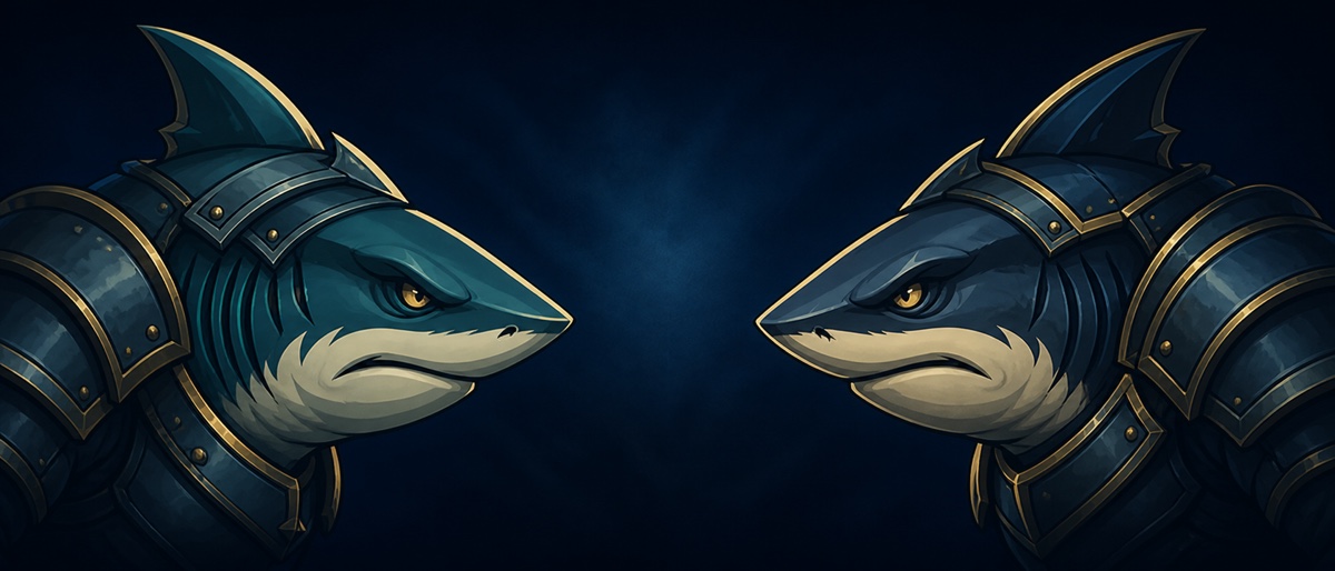 Two armored sharks facing each other in a duel